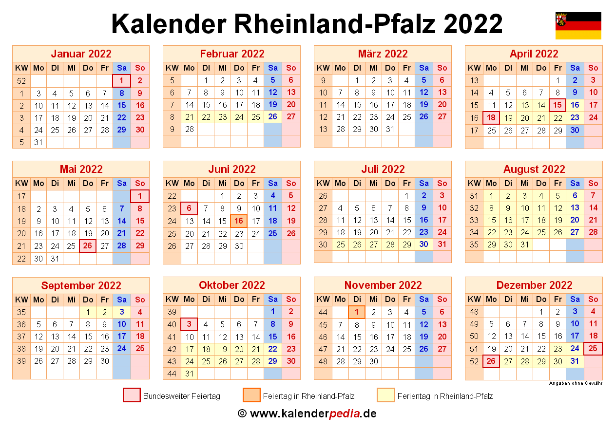 Kalender 2022 Rheinland Pfalz Ferien Feiertage PDF Vorlagen