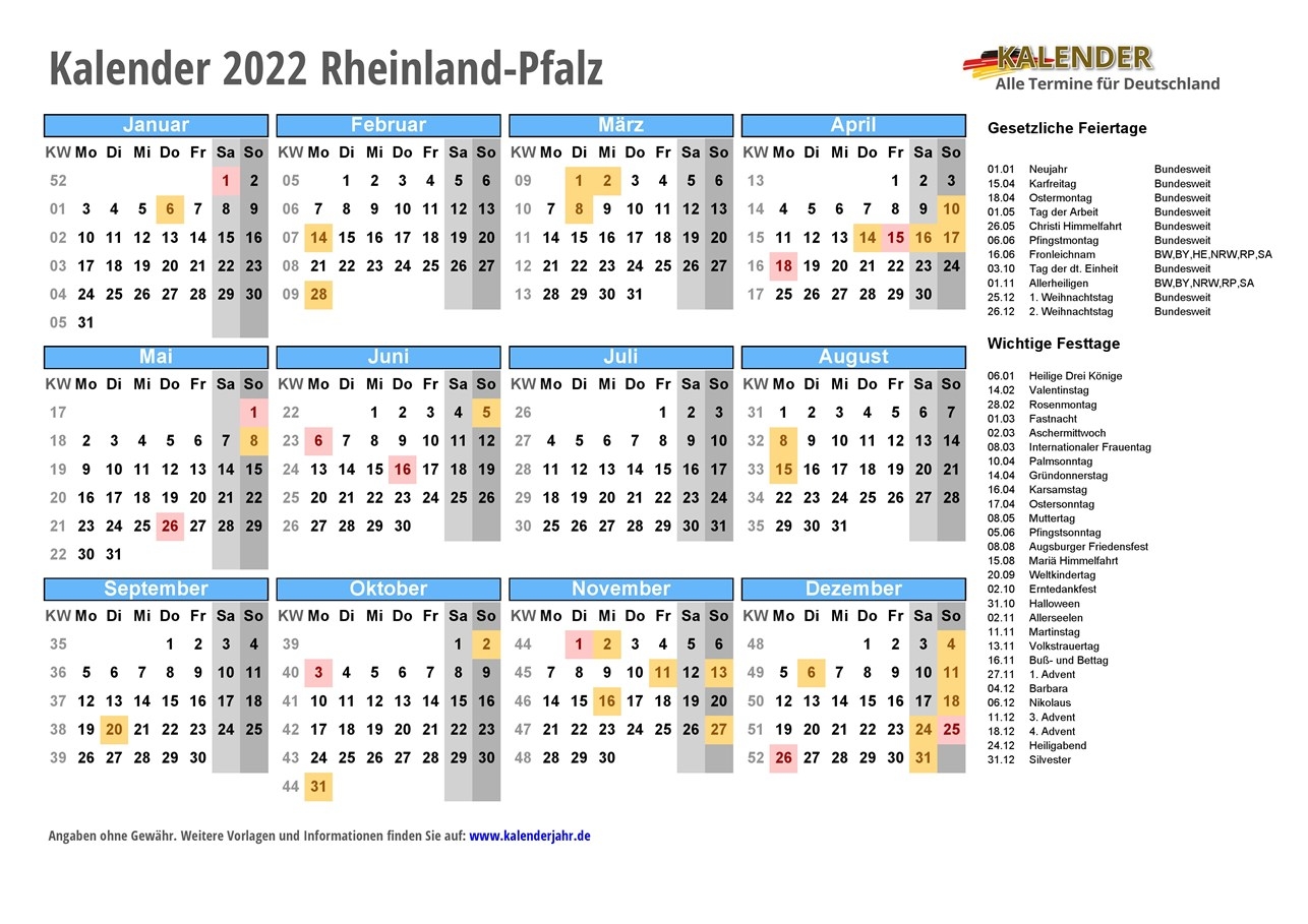 Jahreskalender 2022 RLP PDF Zum Ausdrucken