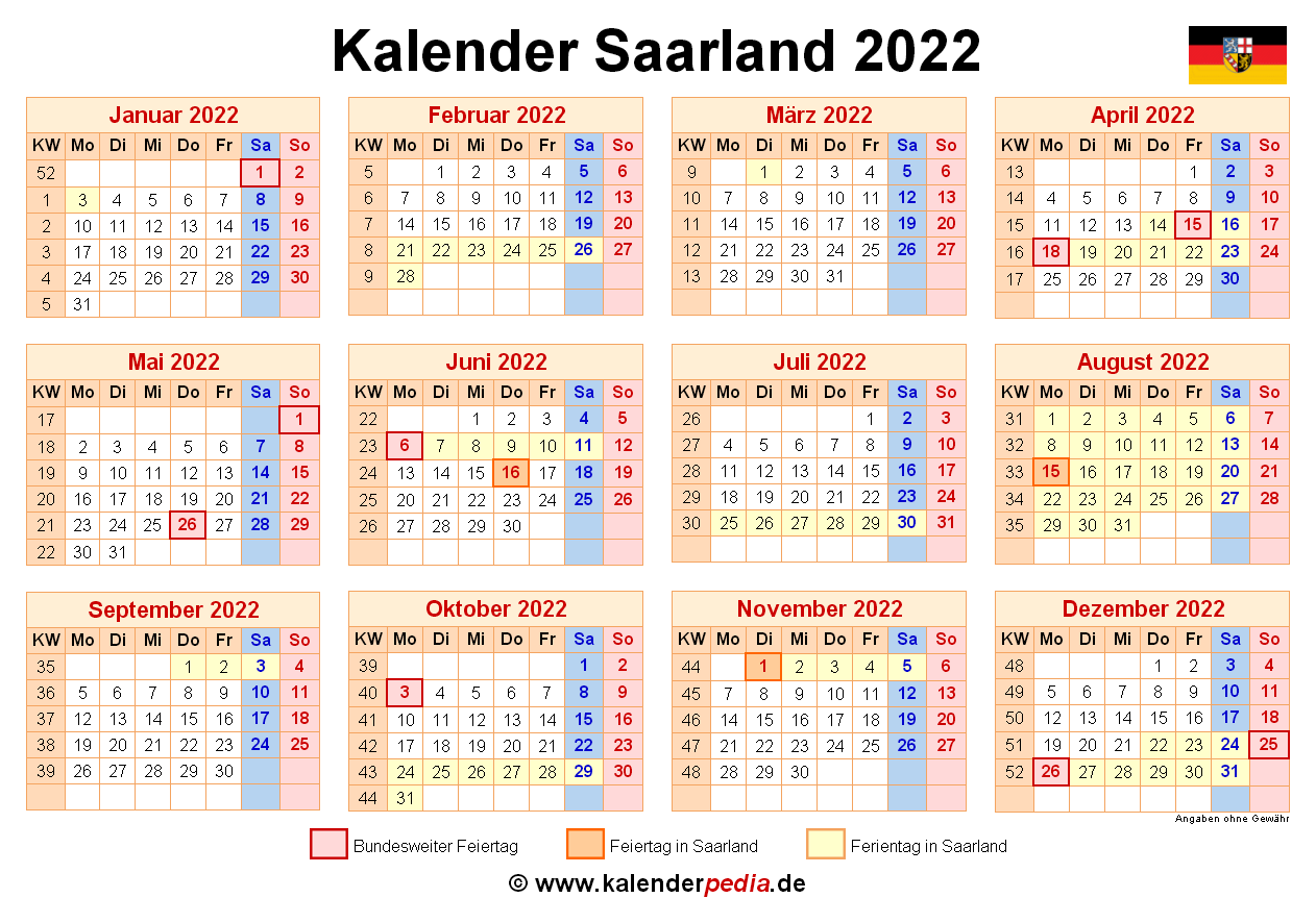 Kalender 2022 Saarland Ferien Feiertage PDF Vorlagen