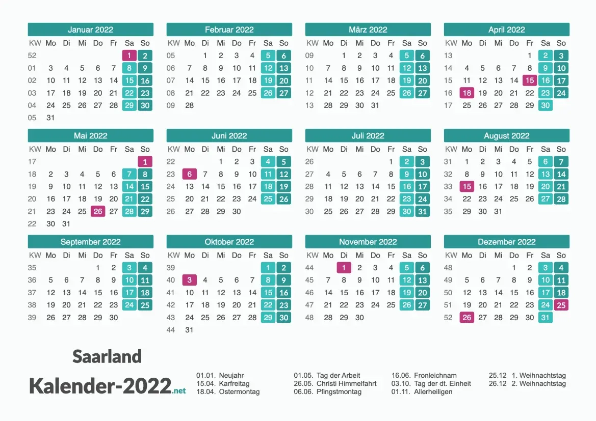Kalender 2022 Saarland