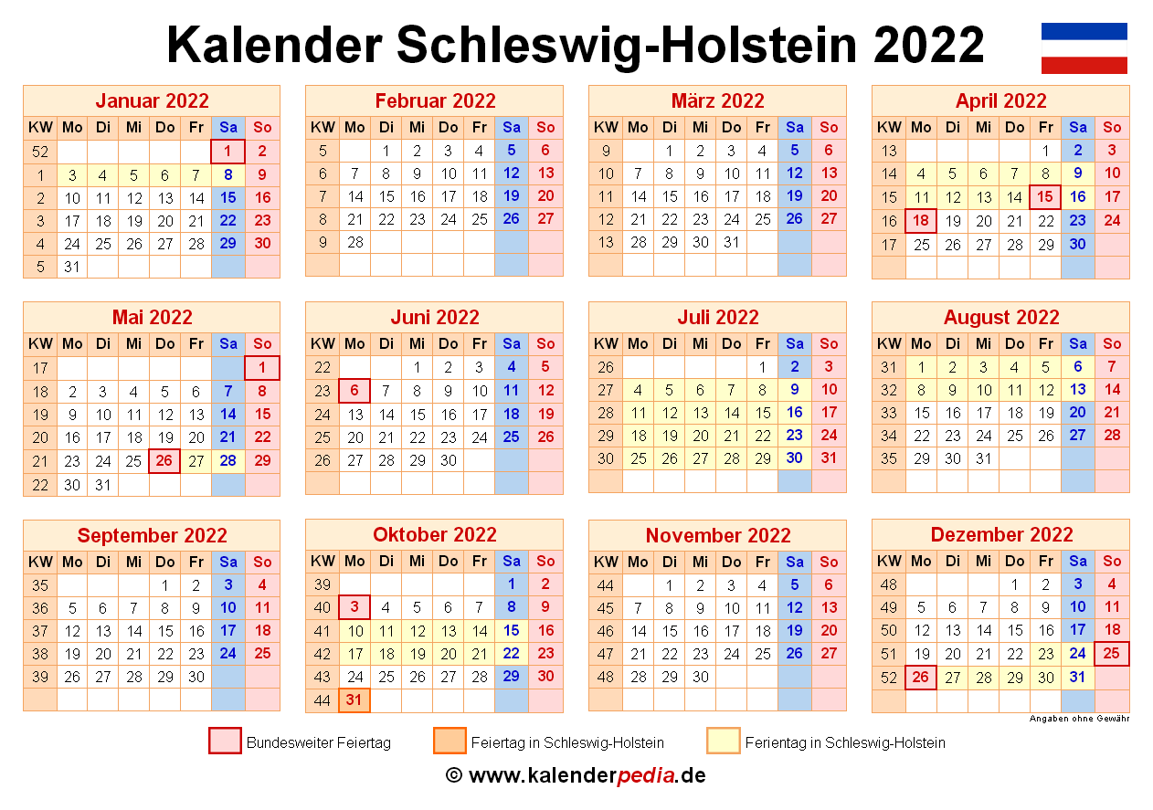 Kalender 2022 Schleswig Holstein PDF Vorlagen Mit Ferien