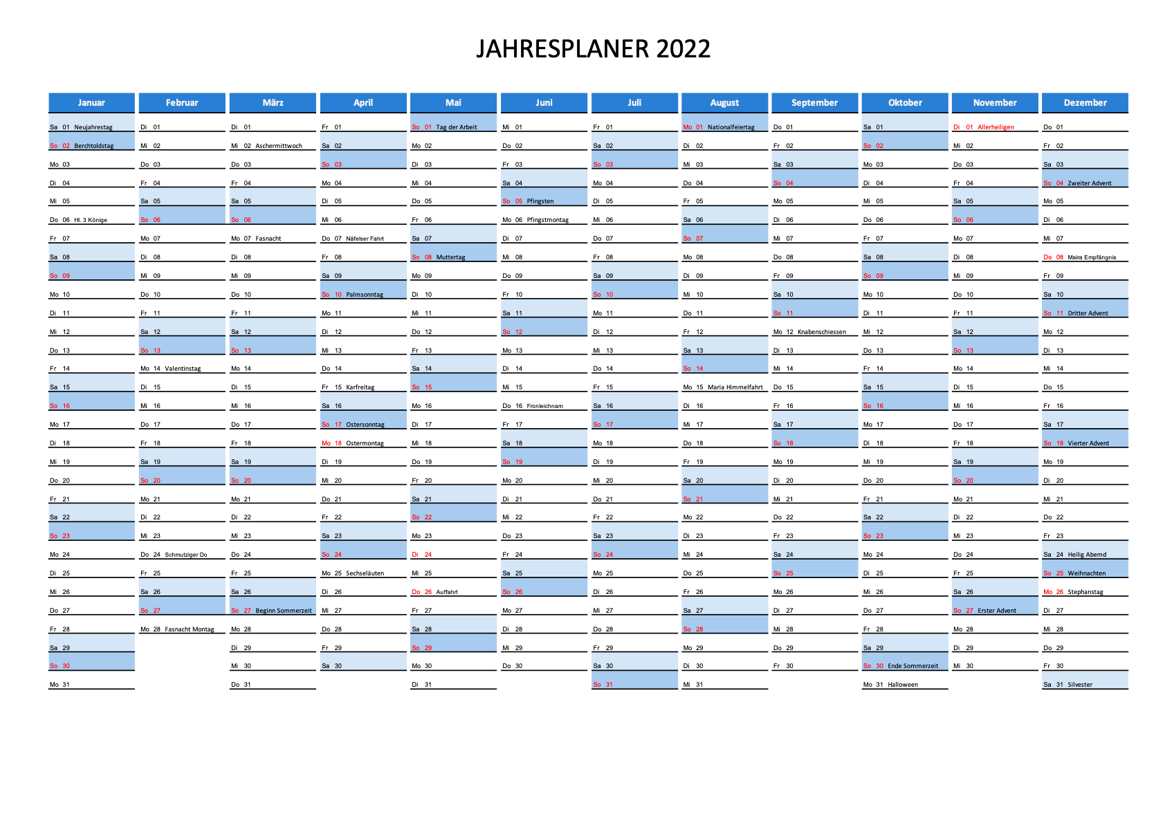 Kalender 2022 Schweiz Excel PDF Schweiz Kalender ch