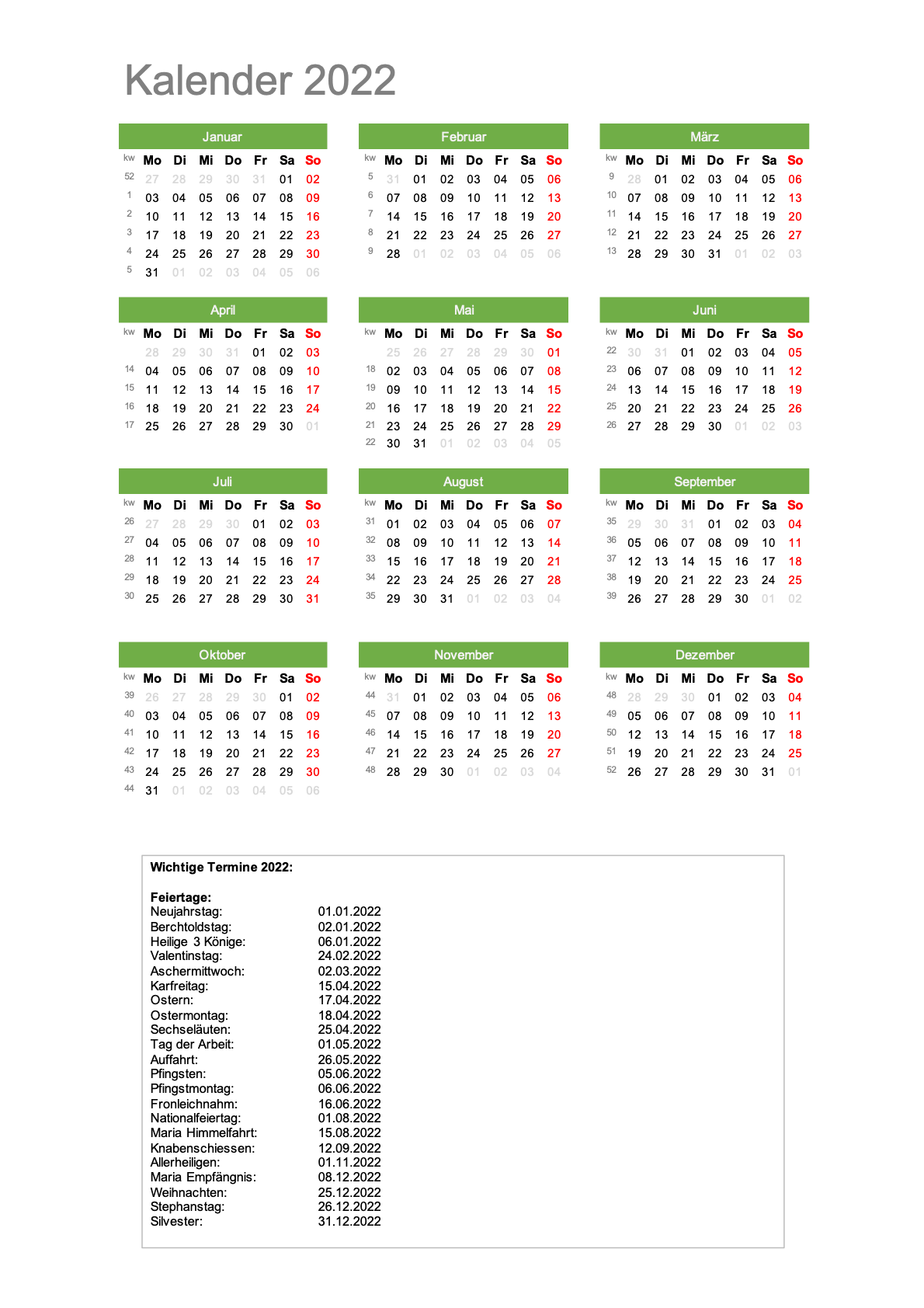 Kalender 2022 Schweiz Excel PDF Schweiz Kalender ch