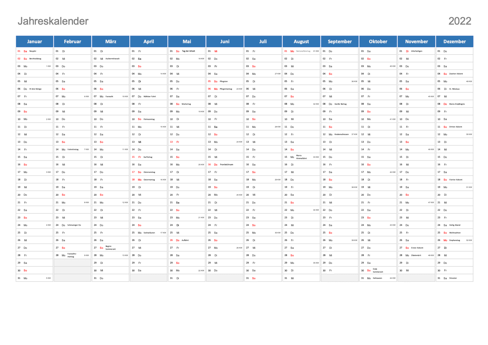 Kalender 2022 Schweiz Excel PDF Schweiz Kalender ch