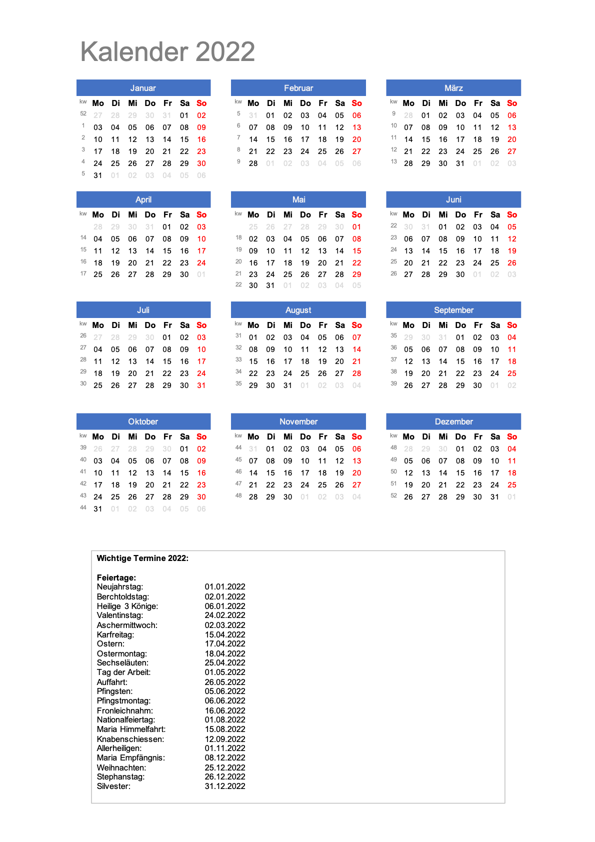 Kalender 2022 Schweiz Excel PDF Schweiz Kalender ch