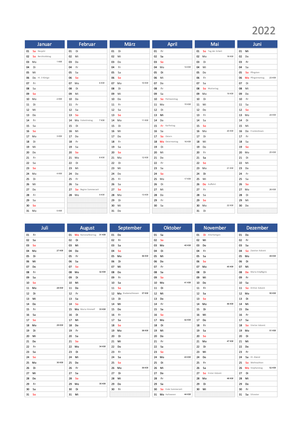 Halbjahreskalender 2022 Zum Ausdrucken
