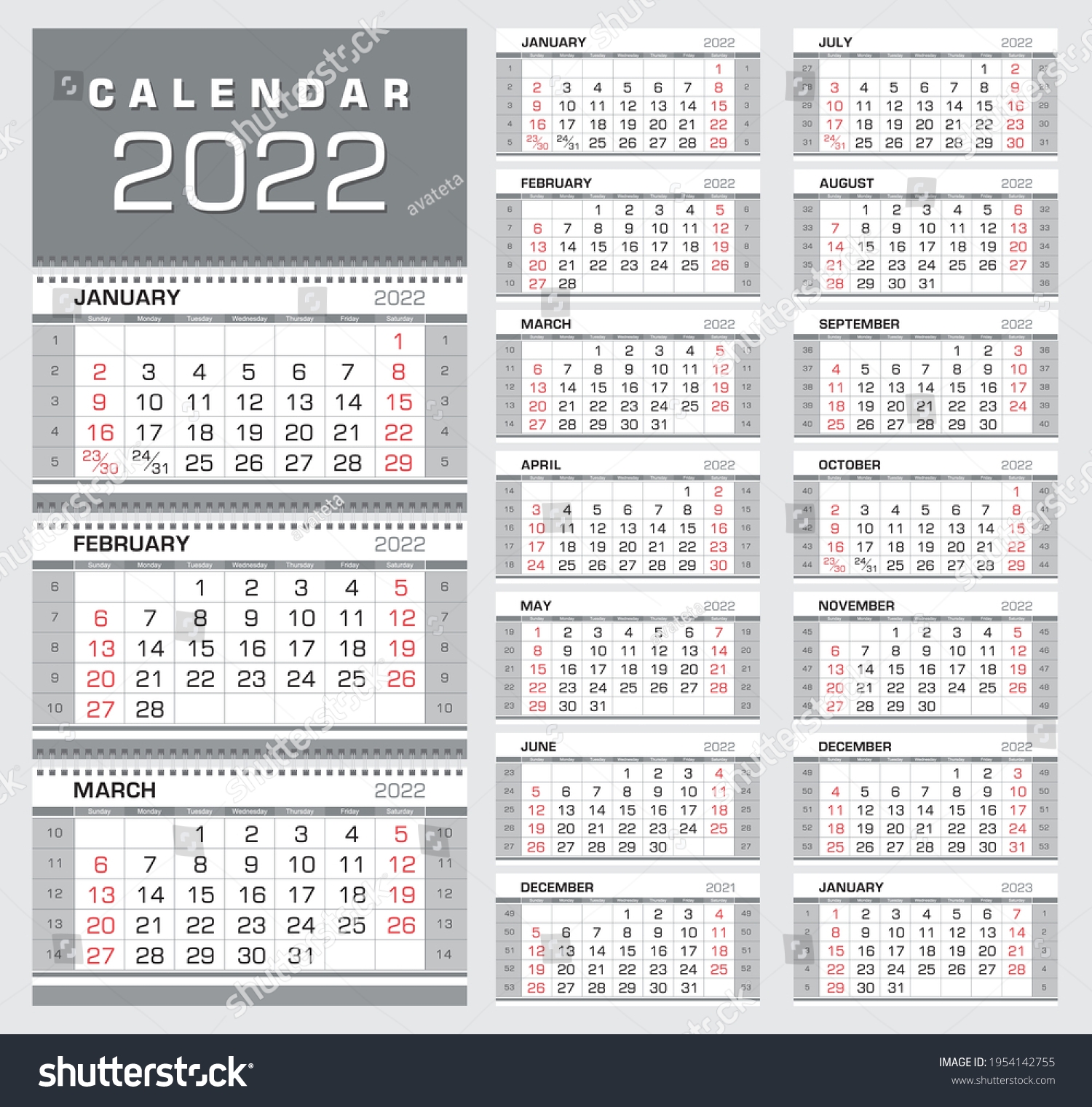 Kalender 2022 Viertelj hrlicher Kalender Mit Wochennummern Stock Vektorgrafik Lizenzfrei 1954142755 Shutterstock