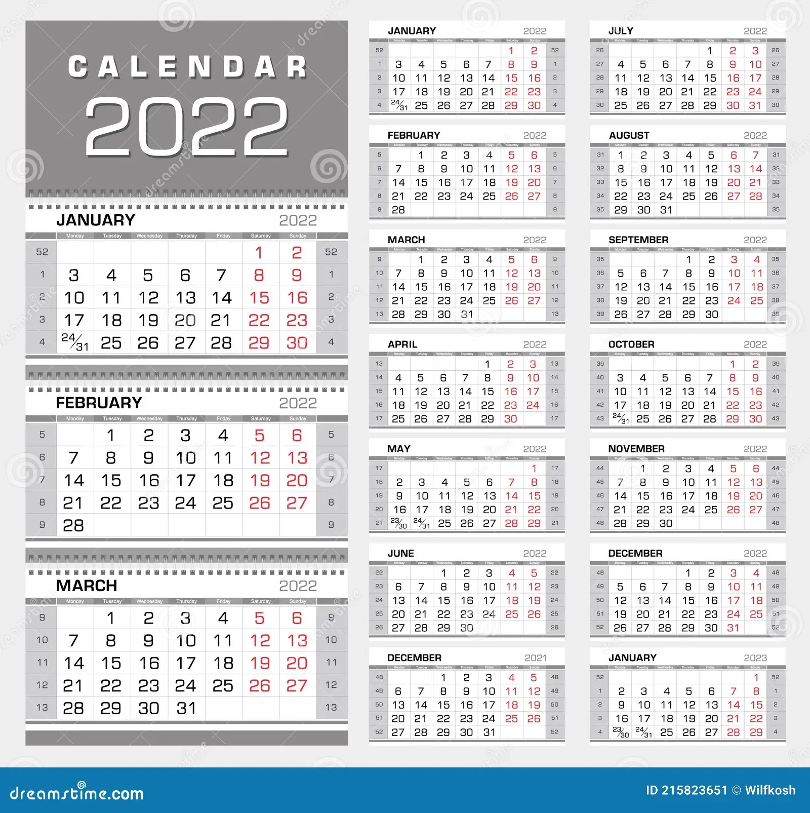 Kalender 2022 Wand Quartalskalender Mit Wochennummern Wochenbeginn Ab Montag Druckfertig Farbe Schwarz Rot Silber Vektor Abbildung Illustration Von Juni Organisator 215823651
