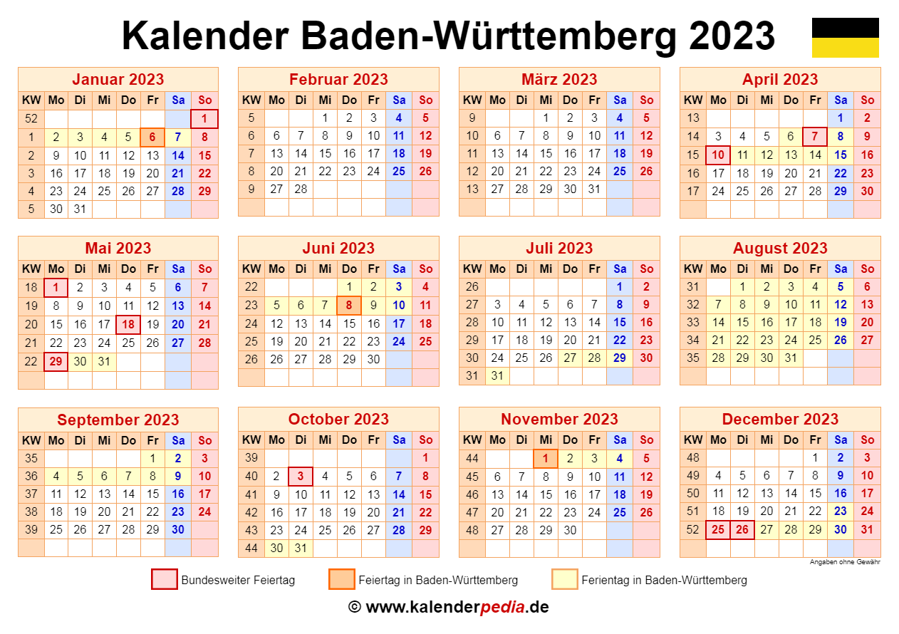Kalender 2023 Baden W rttemberg PDF Vorlagen Mit Ferien