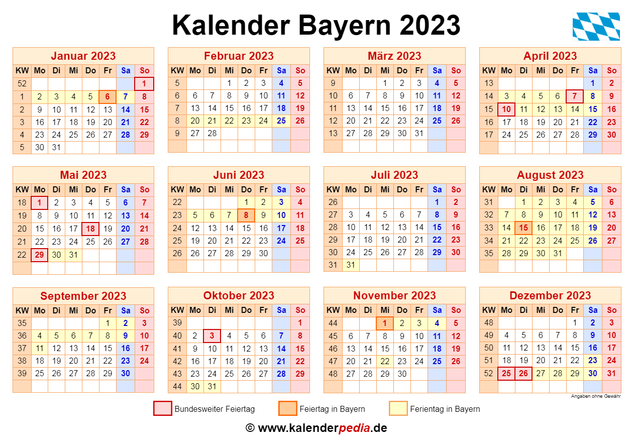 Kalender 2023 Bayern Ferien Feiertage PDF Vorlagen