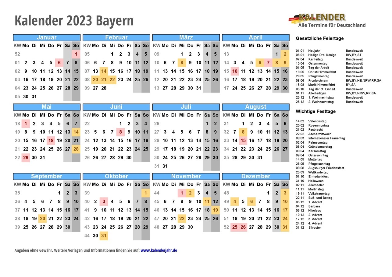 KALENDER 2023 Bayern Mit Feiertagen KW Online