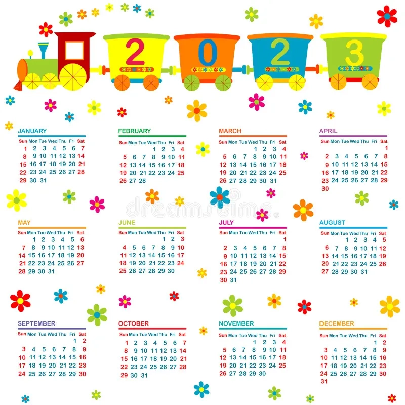 Kalender 2023 Mit Cartoon Zug Vektor Abbildung Illustration Von Blume Zicklein 245199698