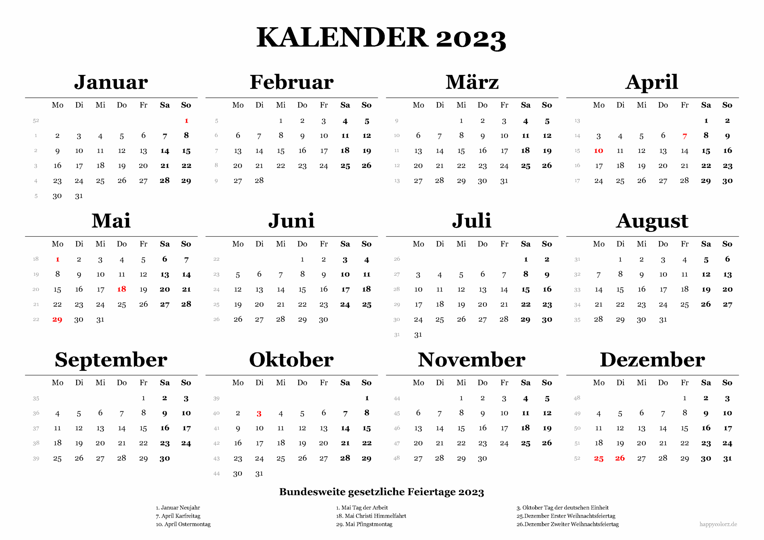 Kalender 2023 Mit Kalenderwochen Und Feiertagen pdf Xls Png 