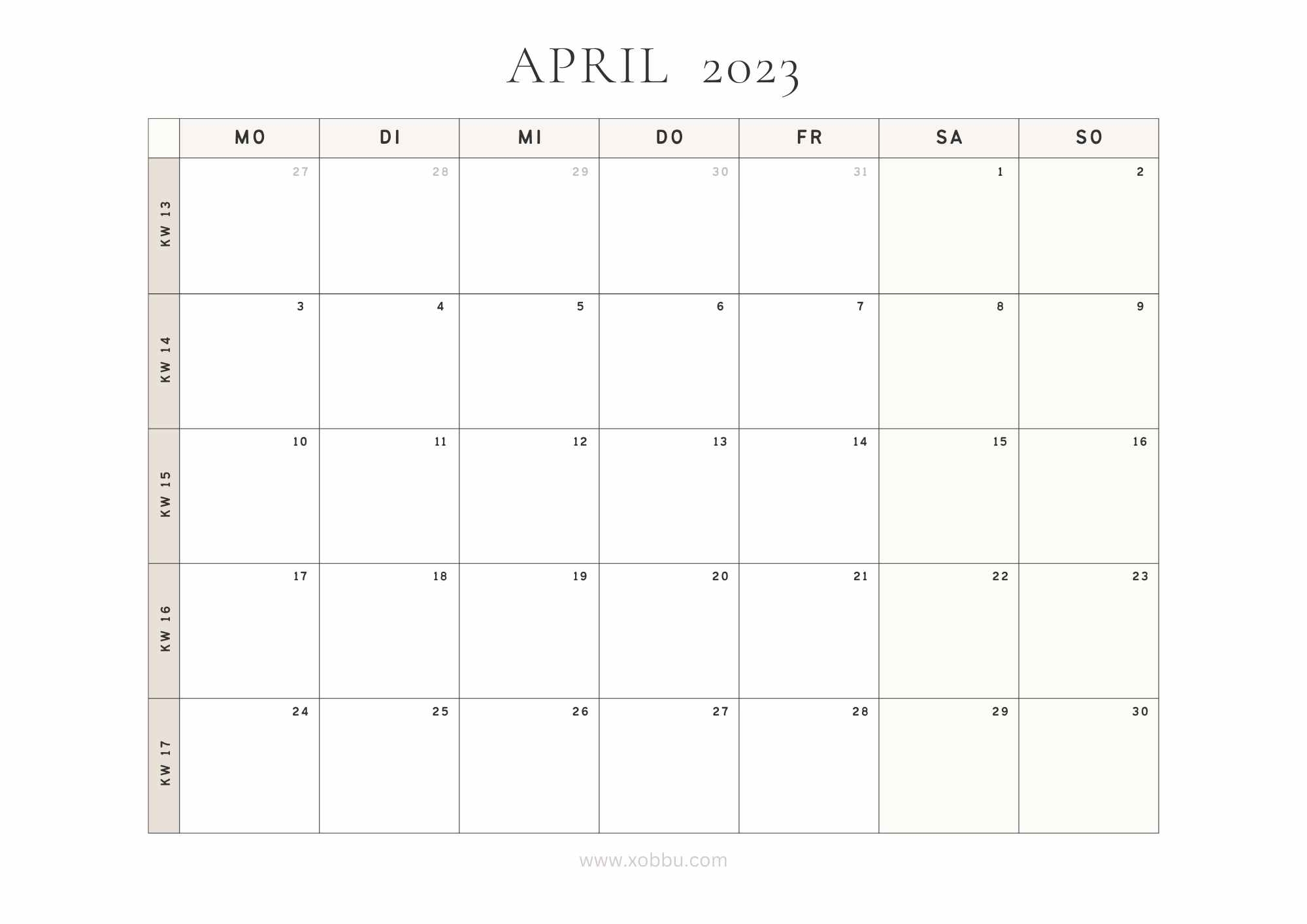 Kalender 2023 Mit KW Xobbu