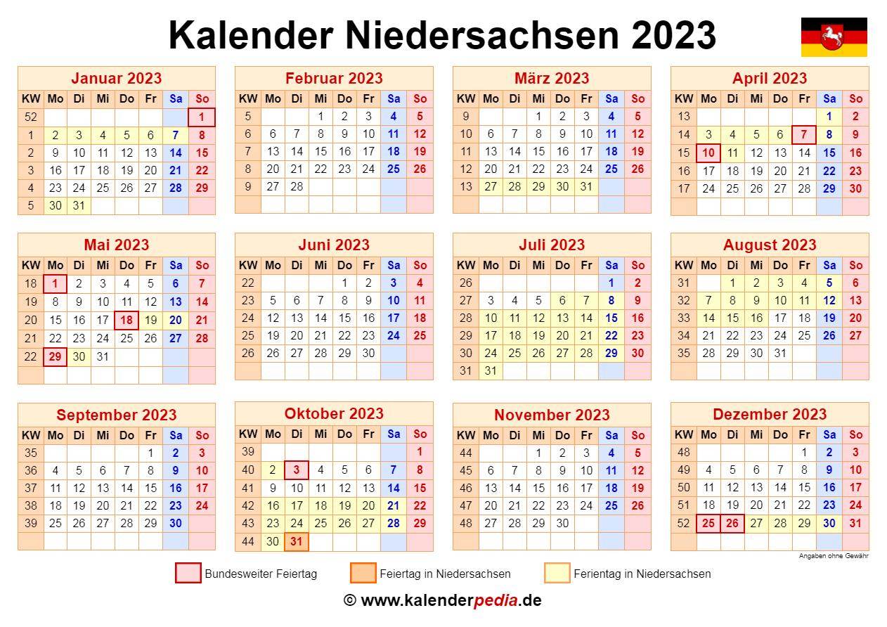 Kalender 2023 Niedersachsen Ferien Feiertage PDF Vorlagen