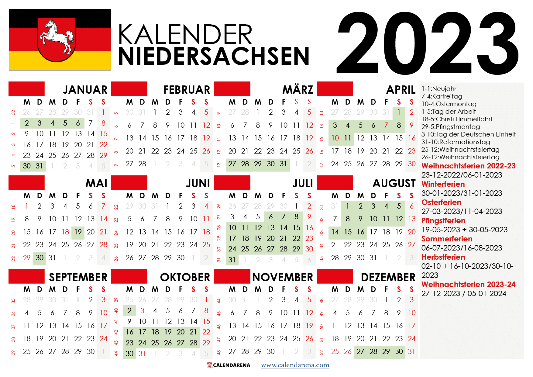 Kalender 2023 Niedersachsen Mit Ferien Feiertage