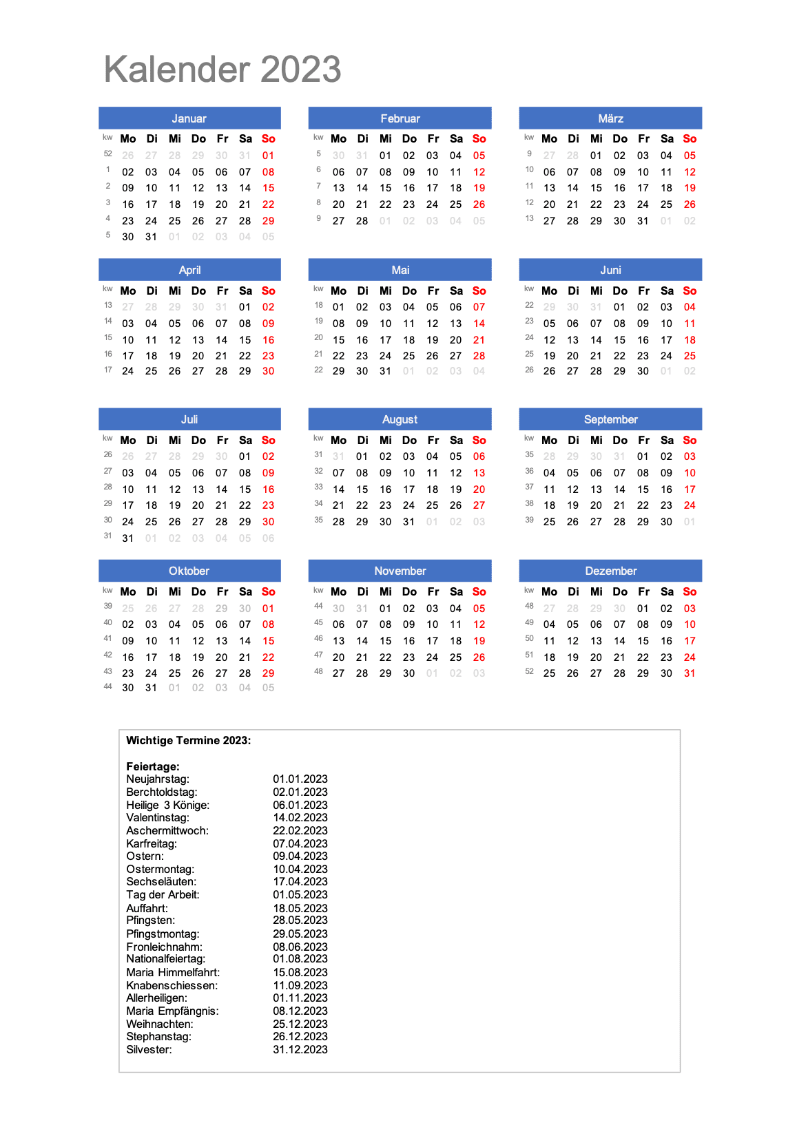 Kalender 2023 Schweiz Excel PDF Schweiz Kalender ch