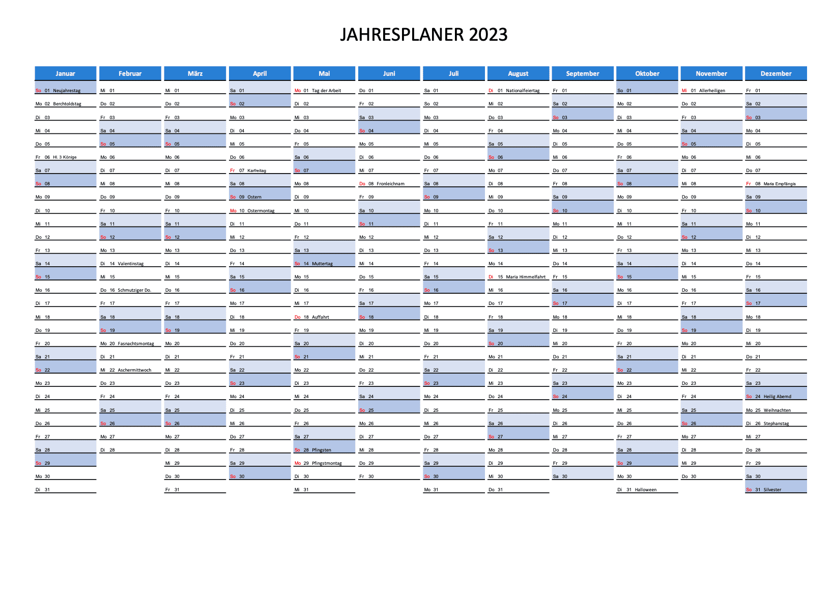 Kalender 2023 Schweiz Excel PDF Schweiz Kalender ch