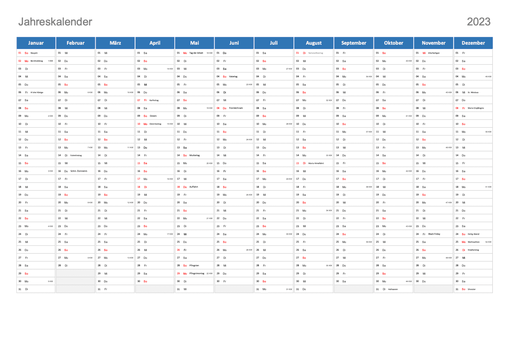 Kalender 2023 Schweiz Excel PDF Schweiz Kalender ch