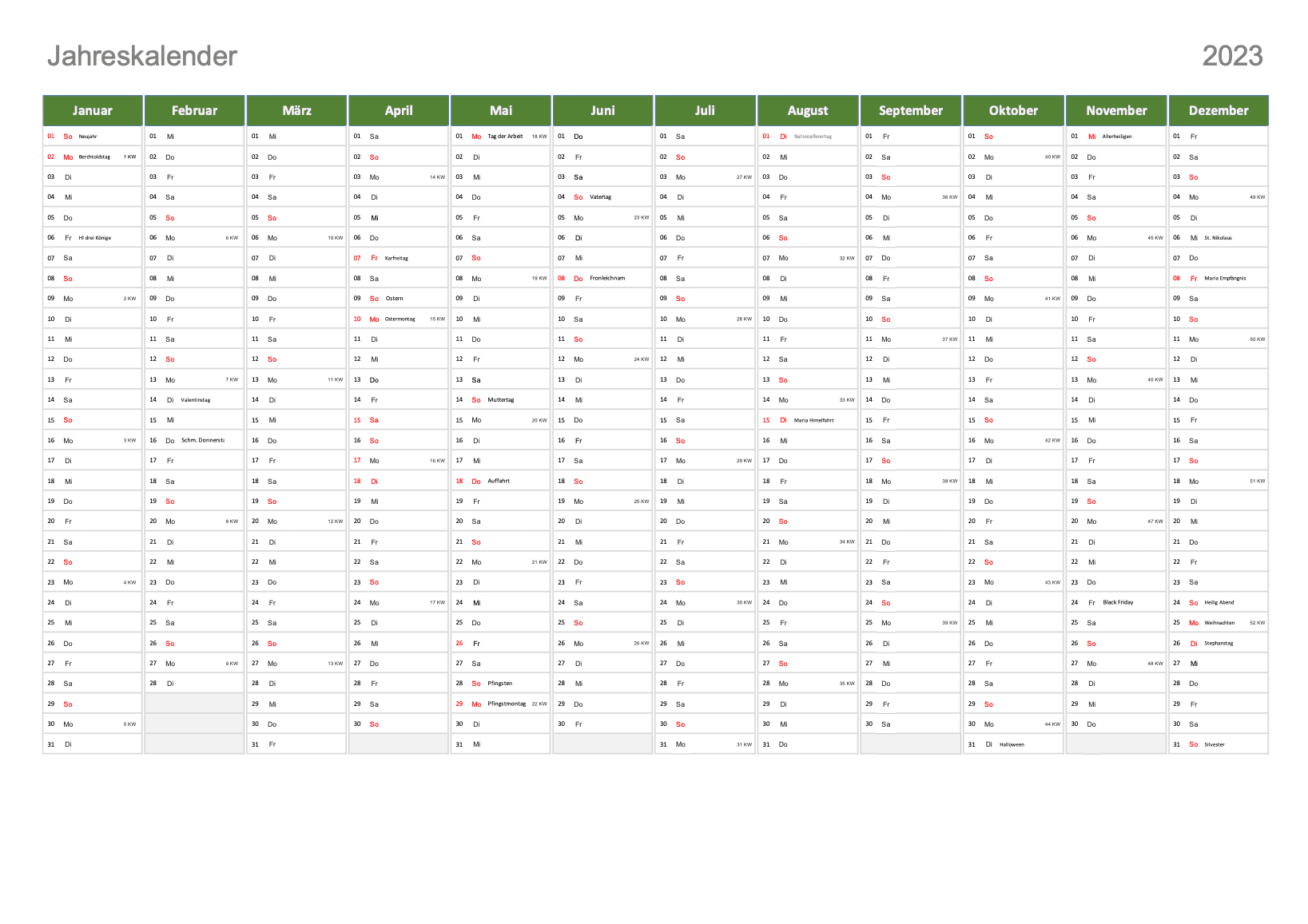 Kalender 2023 Schweiz Excel PDF Schweiz Kalender ch