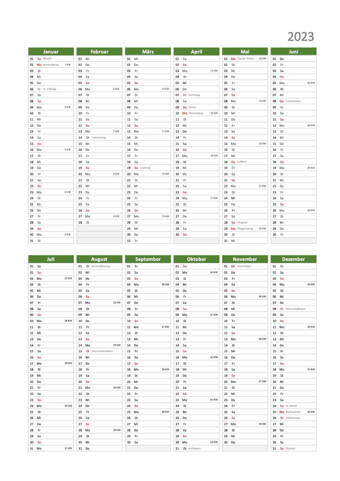 Kalender 2023 Schweiz Excel PDF Schweiz Kalender ch