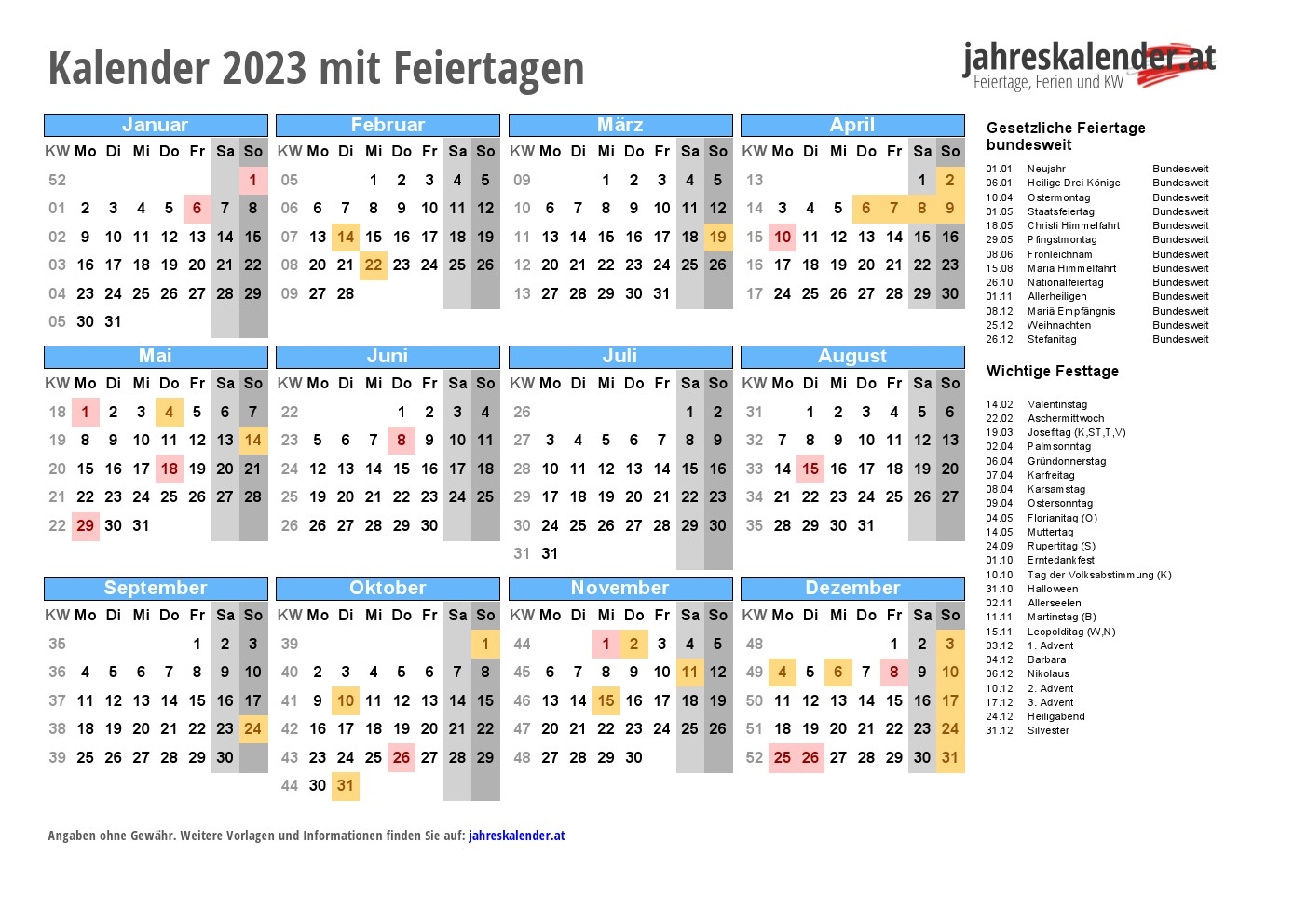 Kalender 2023 sterreich Mit Feiertagen