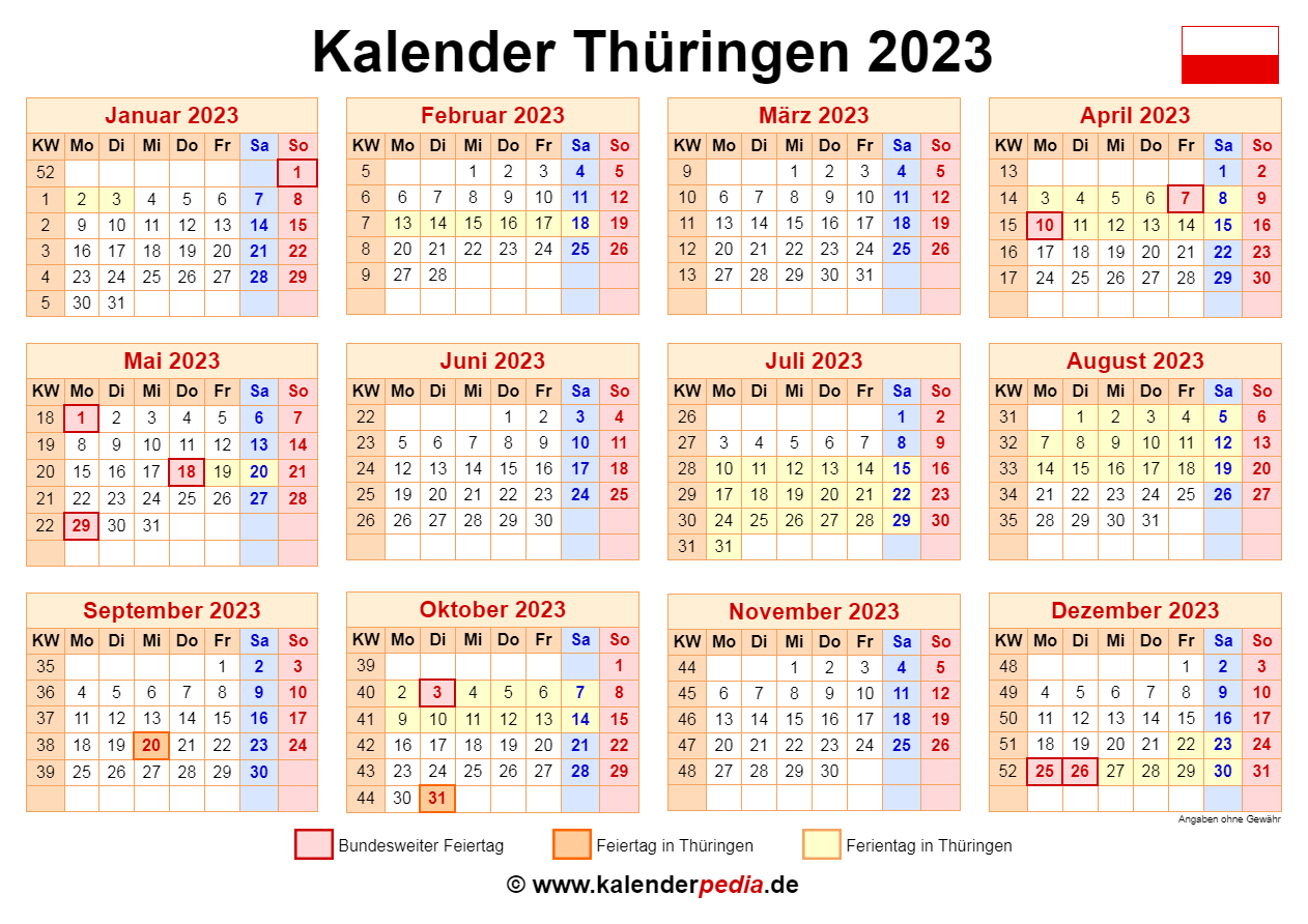 Kalender 2023 Th ringen Ferien Feiertage PDF Vorlagen