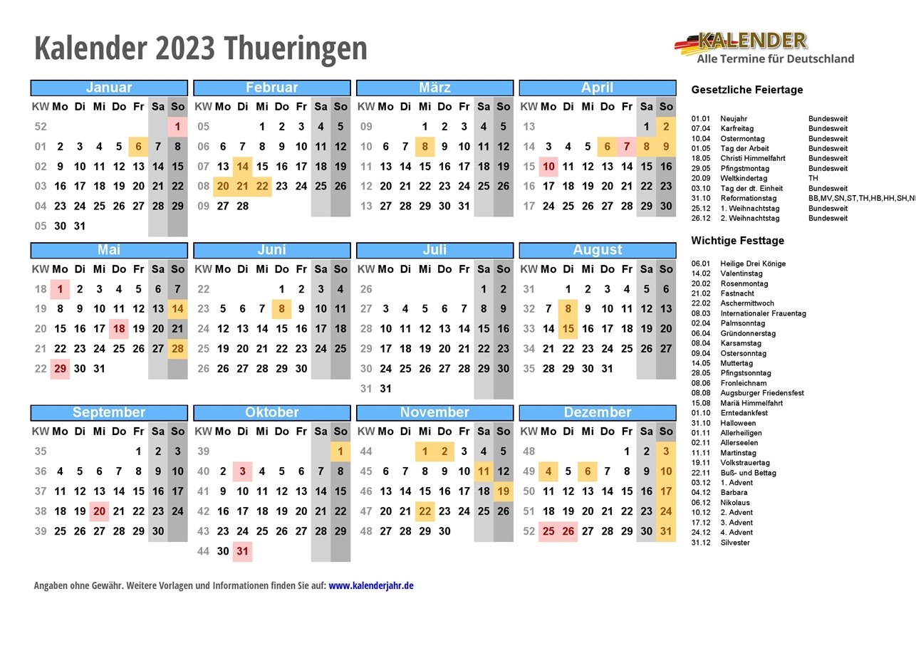 KALENDER 2023 Thueringen Mit Feiertagen KW Online