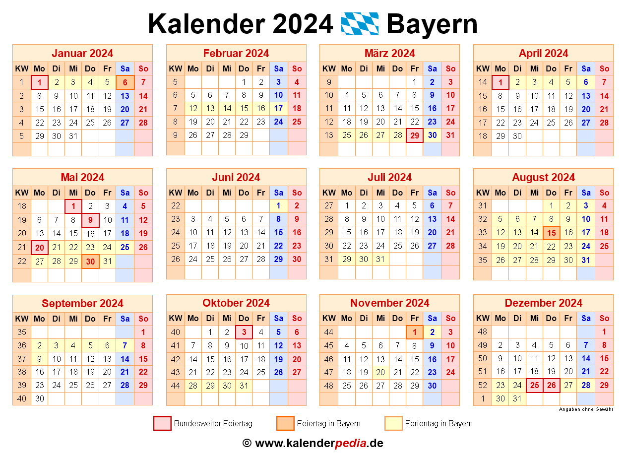 Kalender 2024 Bayern Ferien Feiertage PDF Vorlagen