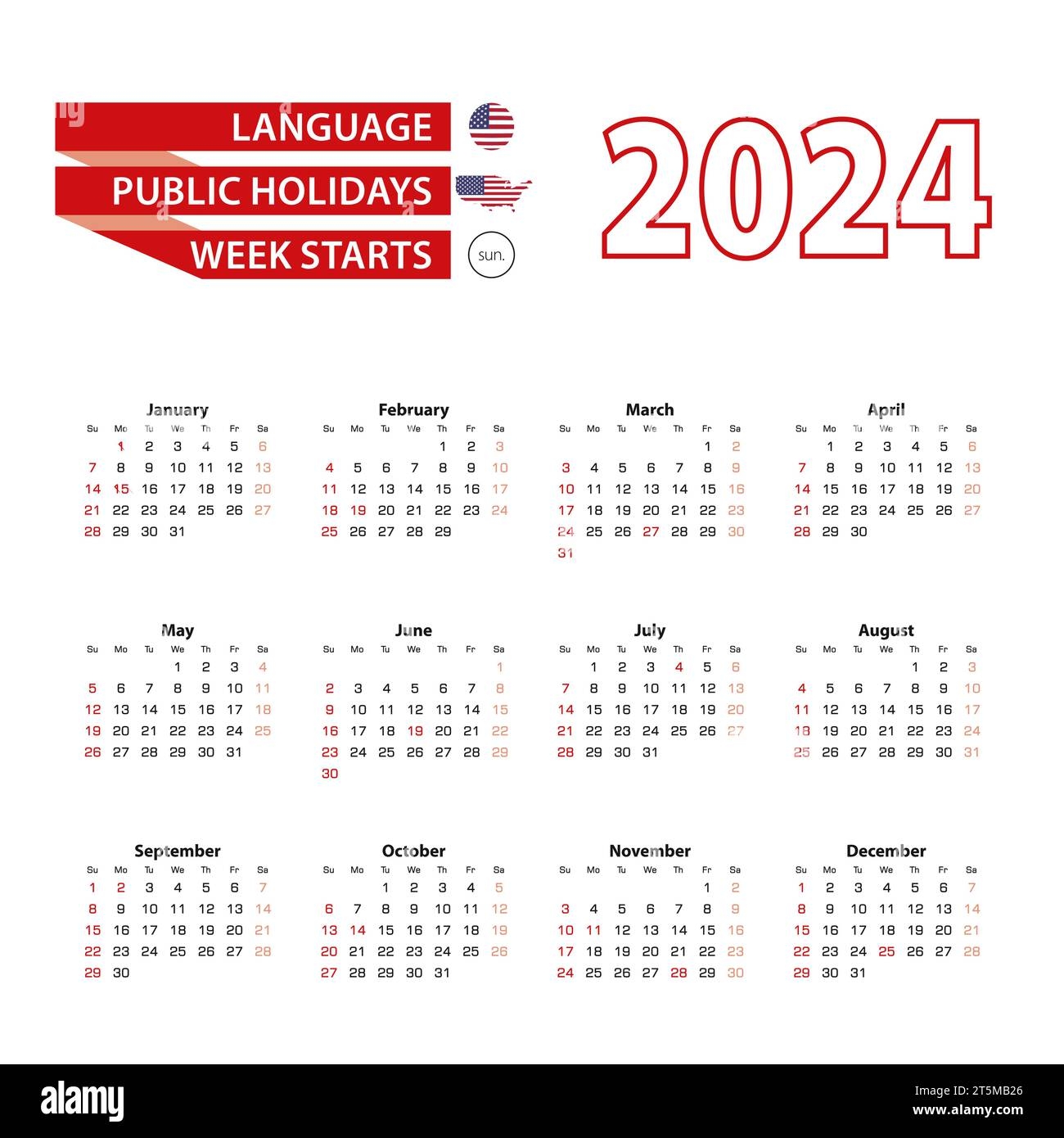 Kalender 2024 In Englischer Sprache Mit Feiertagen Der Vereinigten Staaten Von Amerika Im Jahr 2024 Die Woche Beginnt Am Sonntag Vektorabbildung Stock Vektorgrafik Alamy