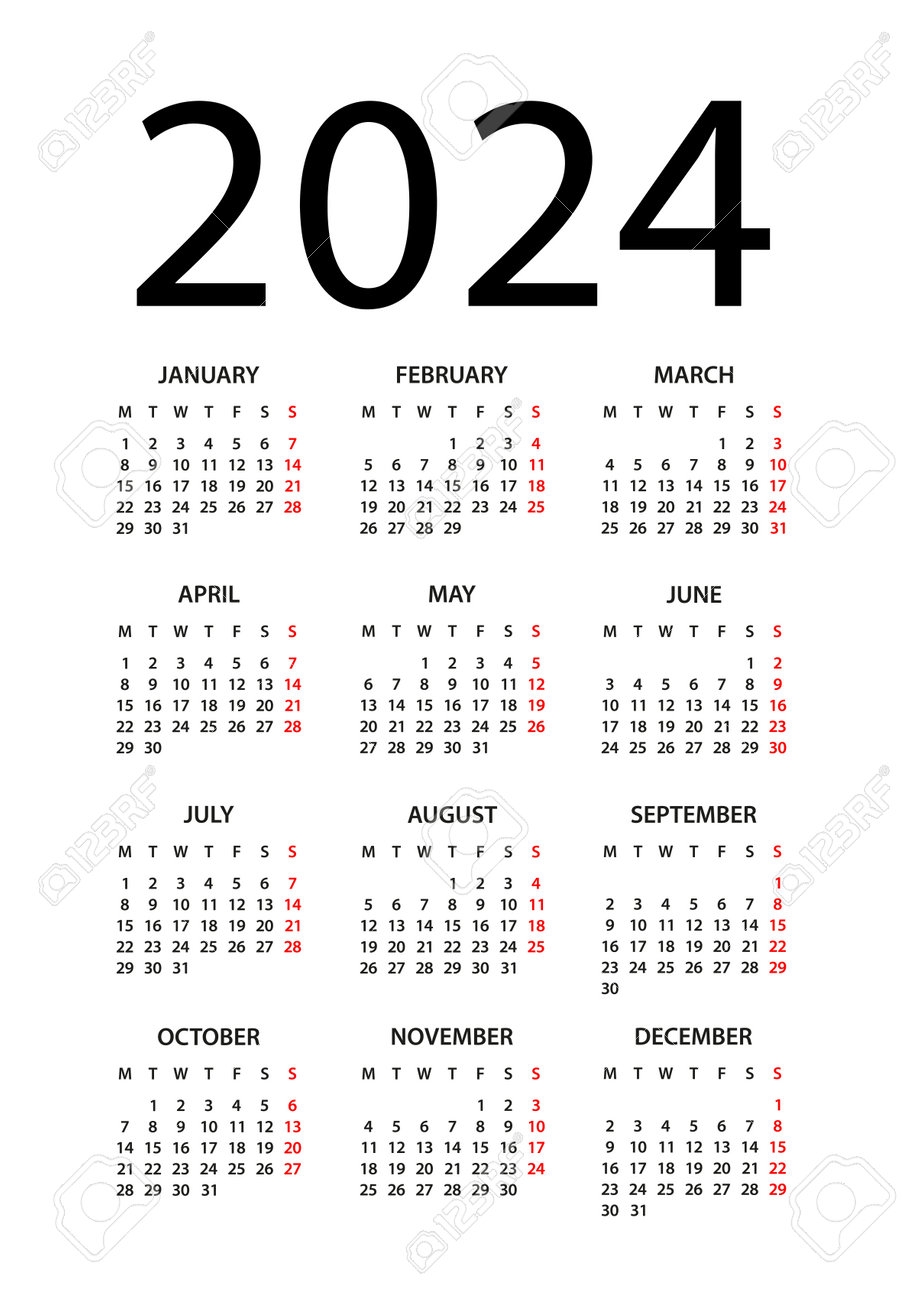 Kalender 2024 Jahr Vektorillustration Woche Beginnt Am Montag Kalender F r 2024 Eingestellt Lizenzfrei Nutzbare SVG Vektorgrafiken Clip Arts Illustrationen Image 198681662 