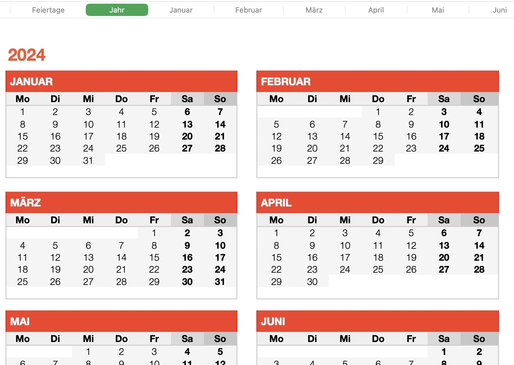 Kalender 2024 Monatsansicht Numbersvorlagen de