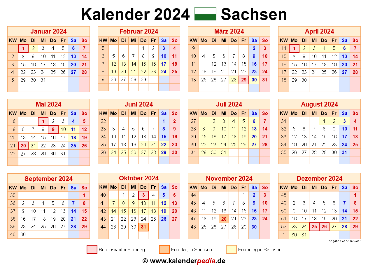 Kalender 2024 Sachsen Ferien Feiertage PDF Vorlagen