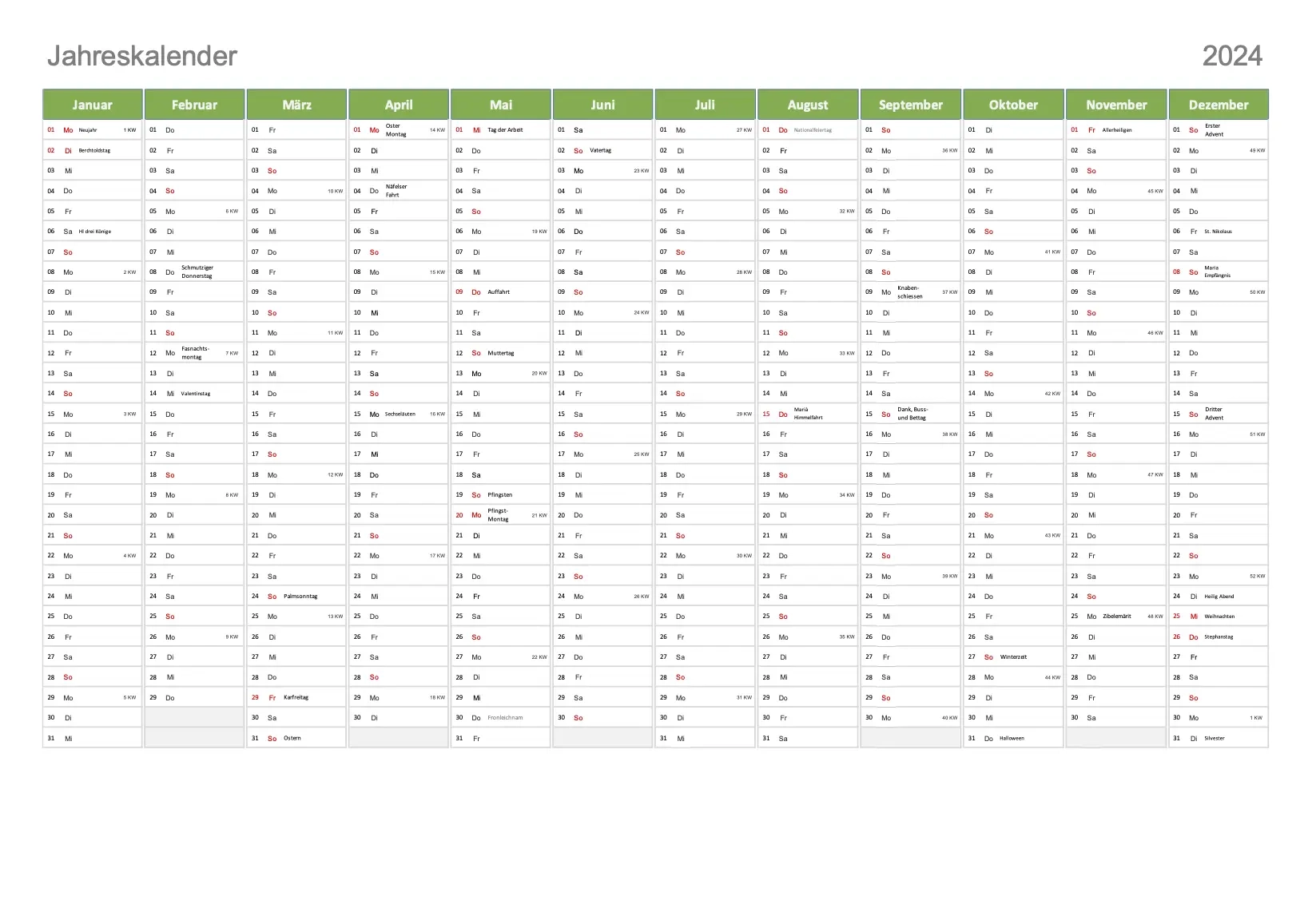 Kalender 2024 Schweiz Excel PDF Zum Ausdrucken Gratis