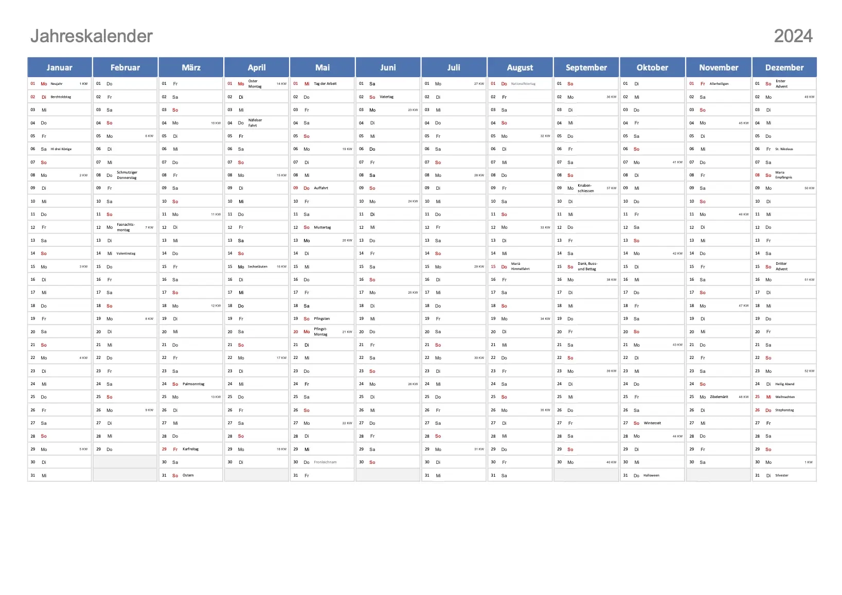 Kalender 2024 Schweiz Excel PDF Zum Ausdrucken Gratis