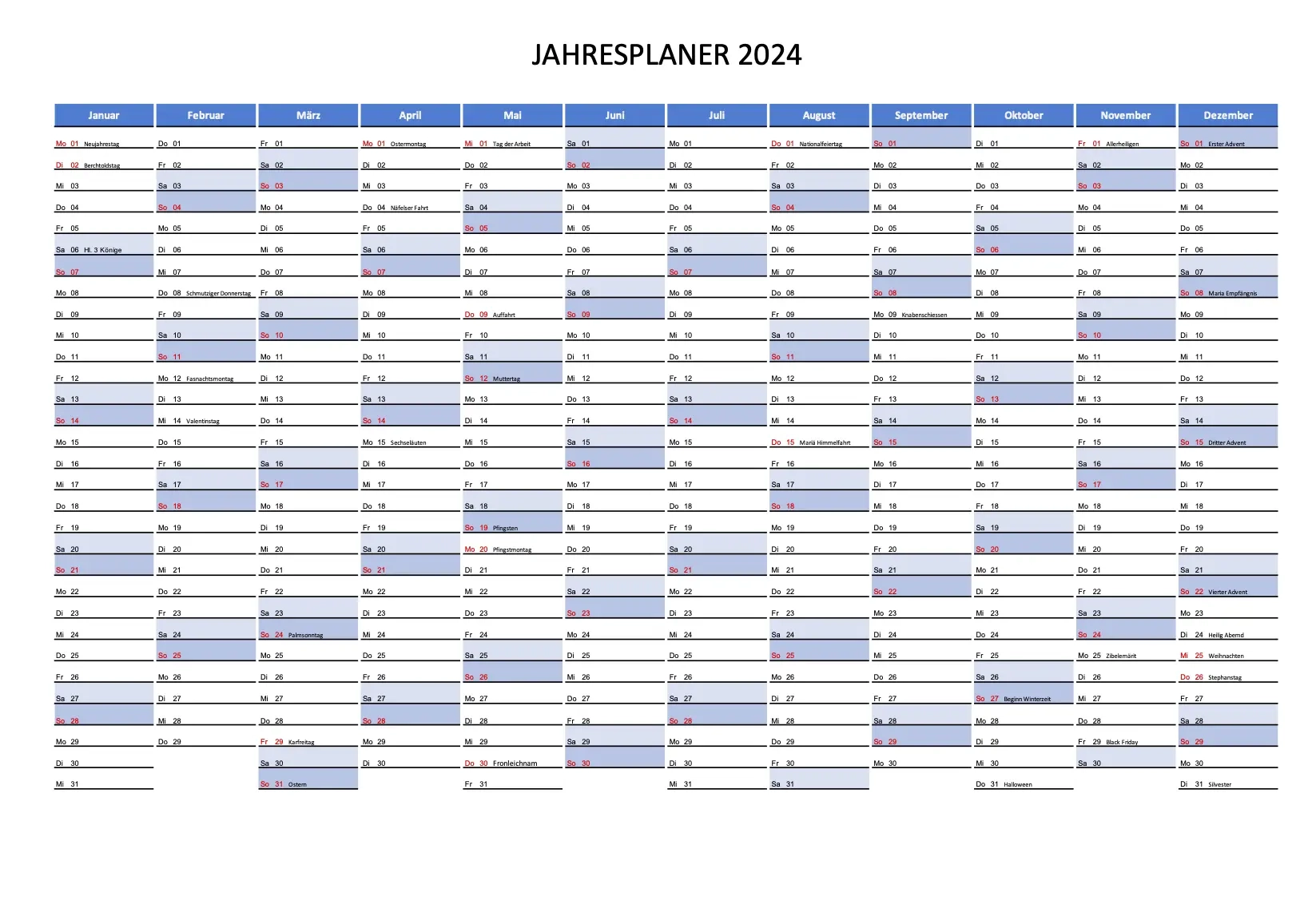 Kalender 2024 Schweiz Excel PDF Zum Ausdrucken Gratis
