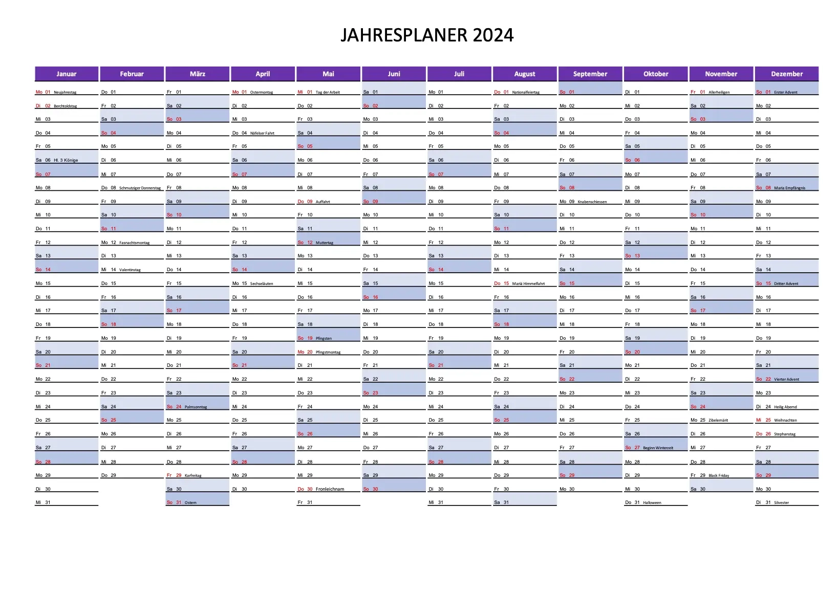 Kalender 2024 Schweiz Excel PDF Zum Ausdrucken Gratis