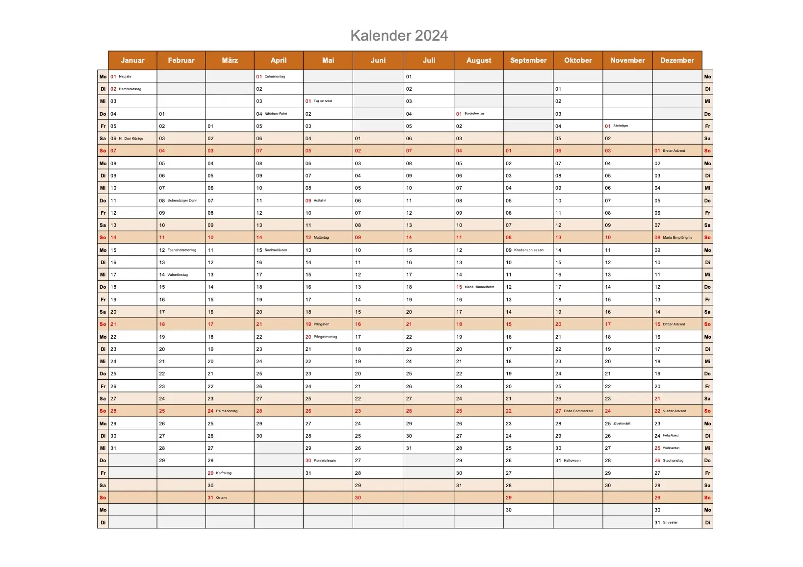 Kalender 2024 Schweiz Excel PDF Zum Ausdrucken Gratis