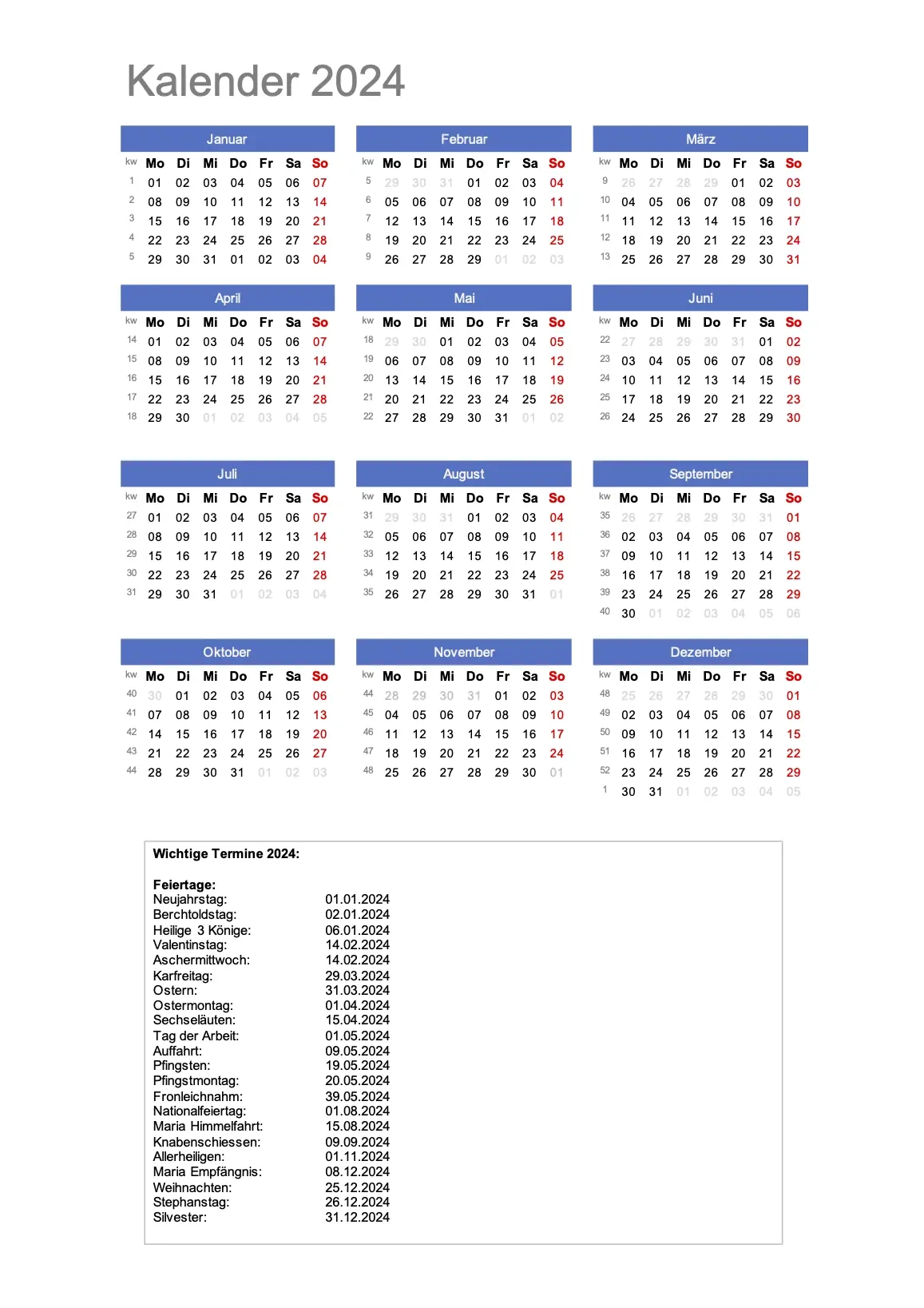 Jahreskalender 2024 Zum Ausdrucken Kostenlos