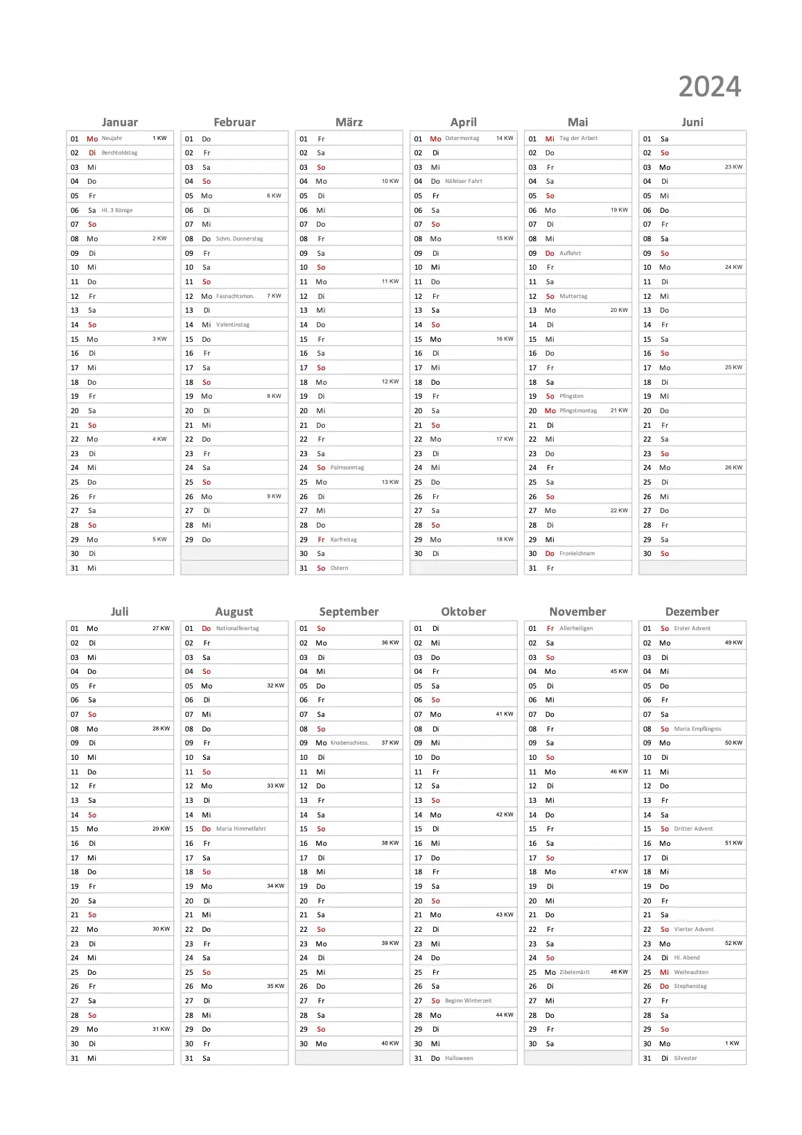 Kalender 2024 Schweiz Excel PDF Zum Ausdrucken Gratis