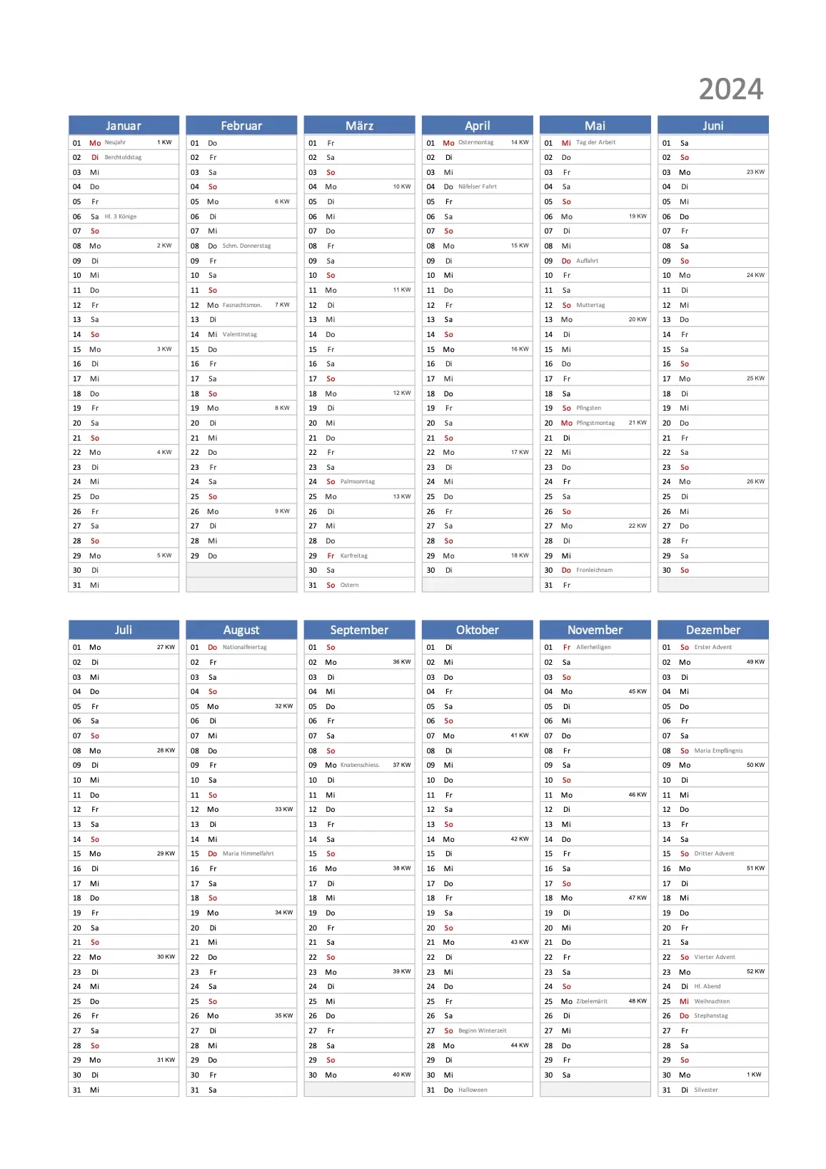 Kalender 2024 Schweiz Excel PDF Zum Ausdrucken Gratis