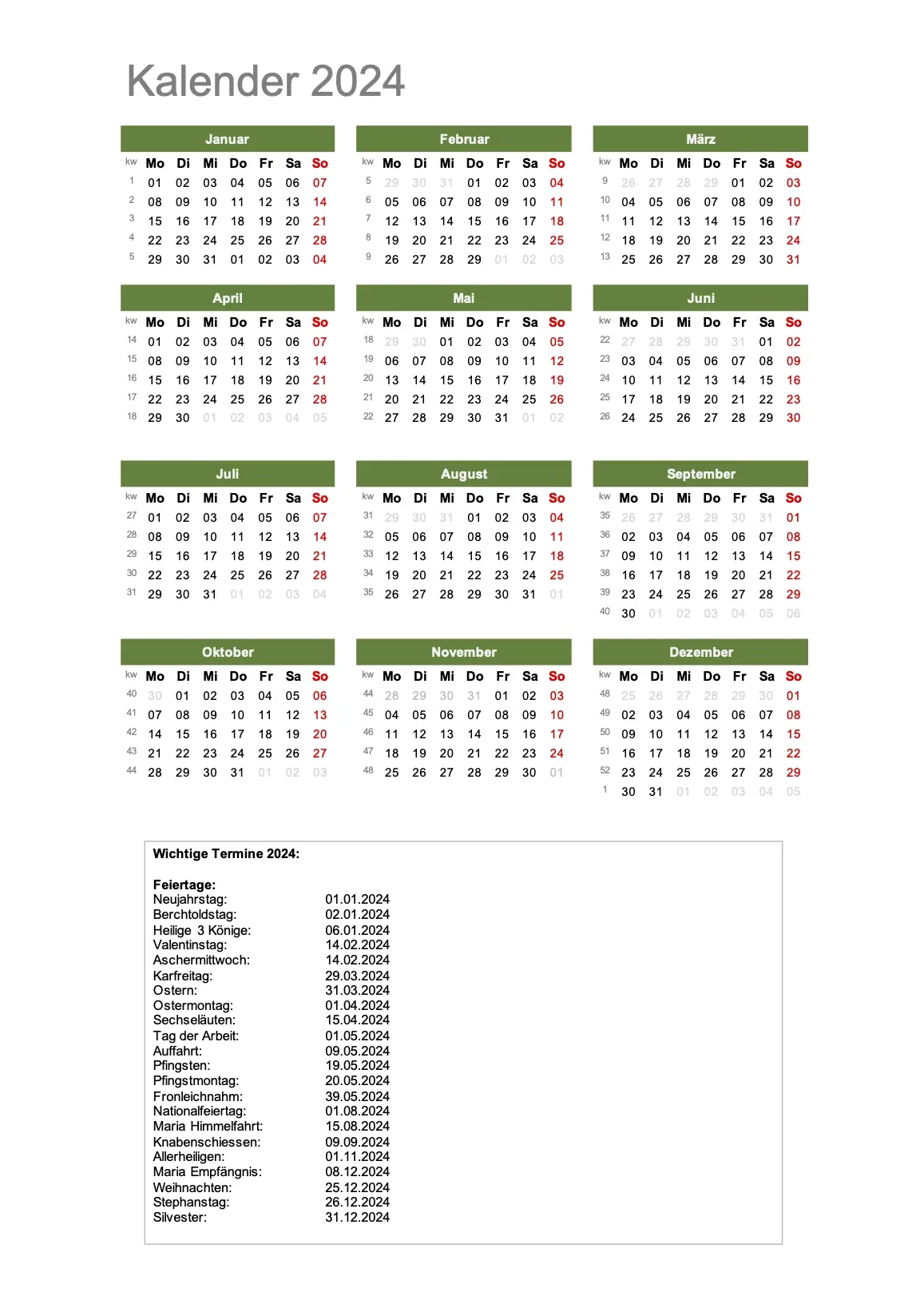 Kalender 2024 Schweiz Excel PDF Zum Ausdrucken Gratis