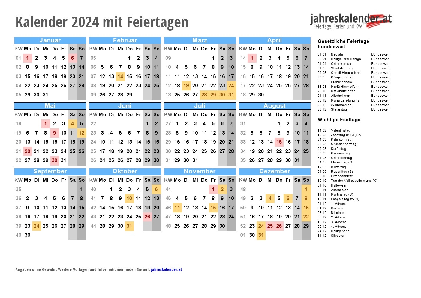 Kalender 2024 sterreich Mit Feiertagen