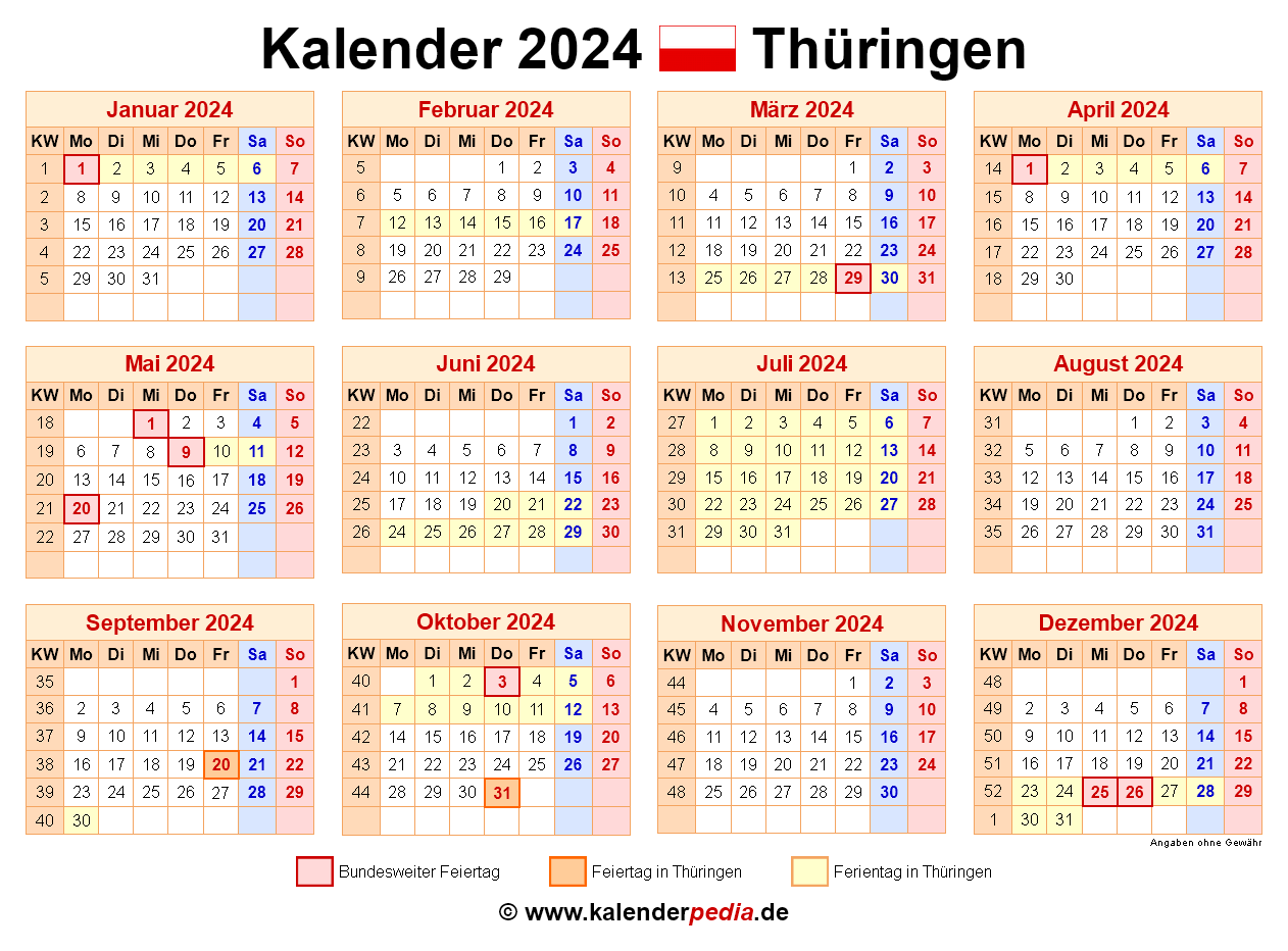 Kalender 2024 Th ringen Ferien Feiertage PDF Vorlagen