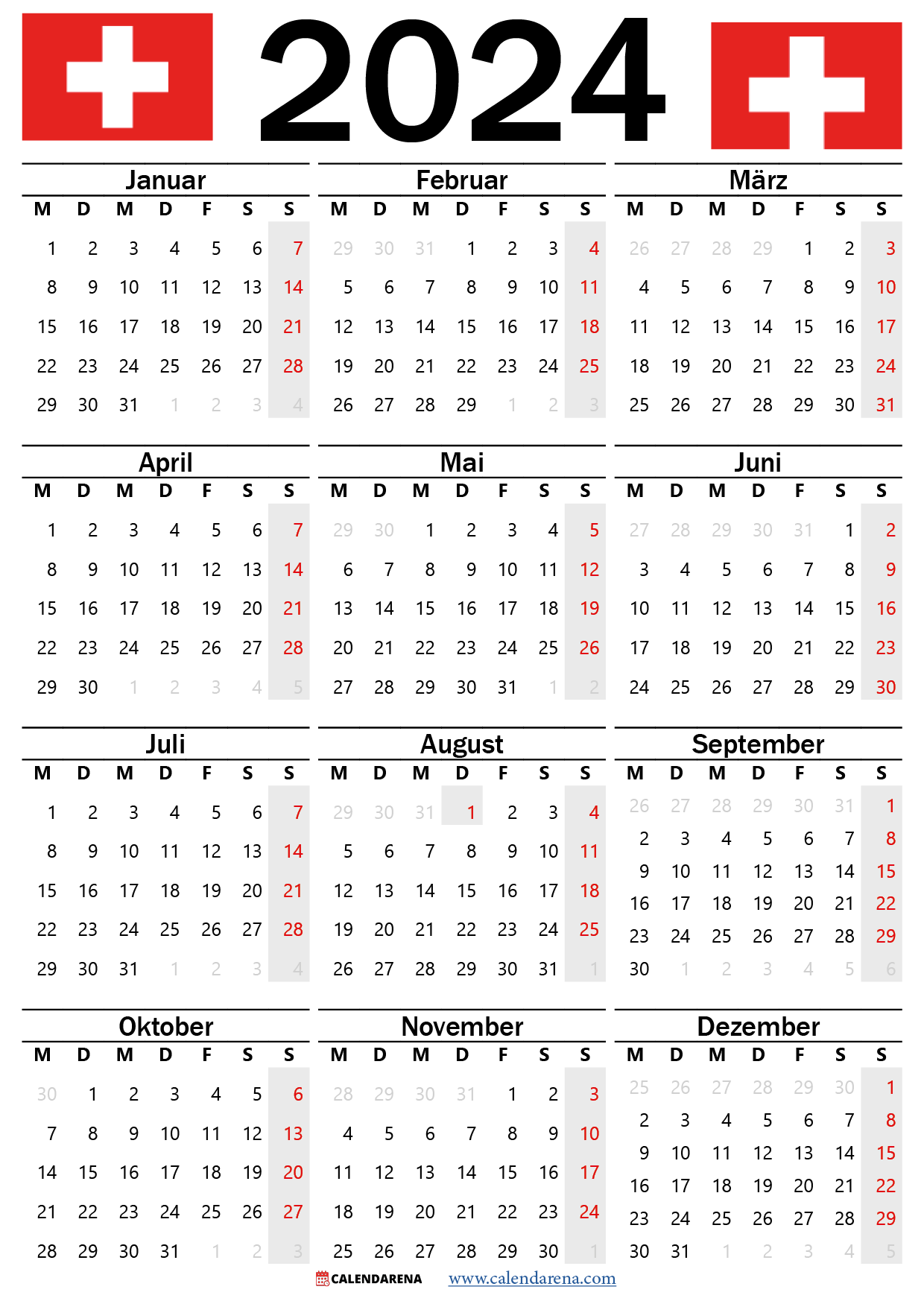 Kalender 2024 Zum Ausdrucken Schweiz