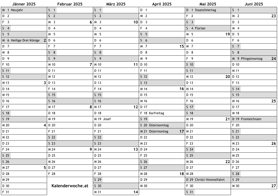 Kalender 2025 1 Halbjahr