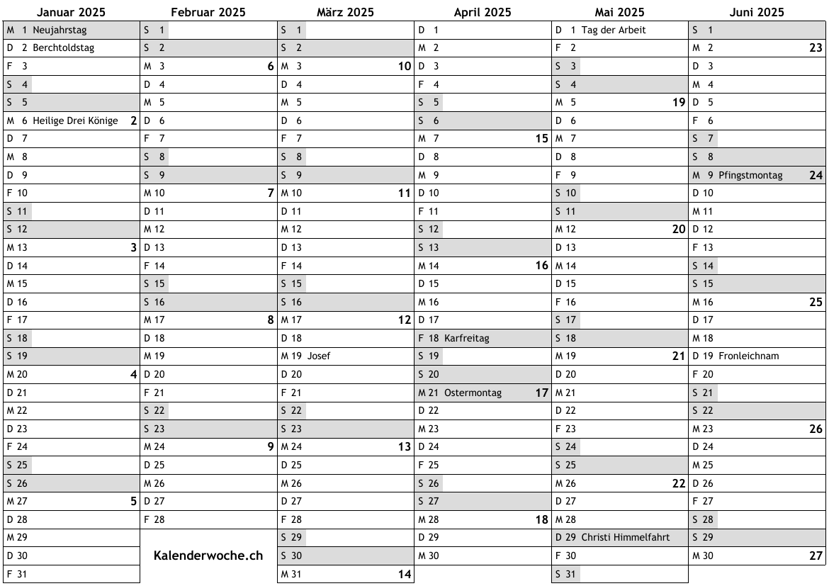 Kalender Januar 2025 Schweiz