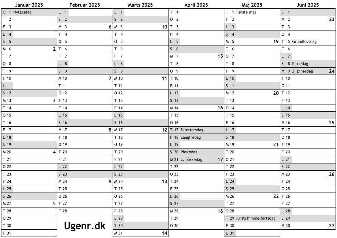 Kalender Oversigt for 20-25