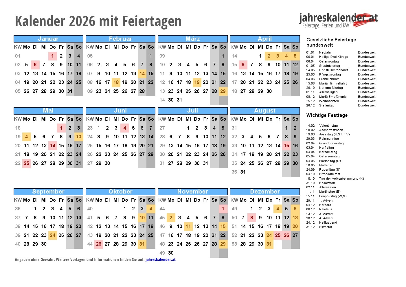 Kalender 2025 2026 sterreich Mit Feiertagen