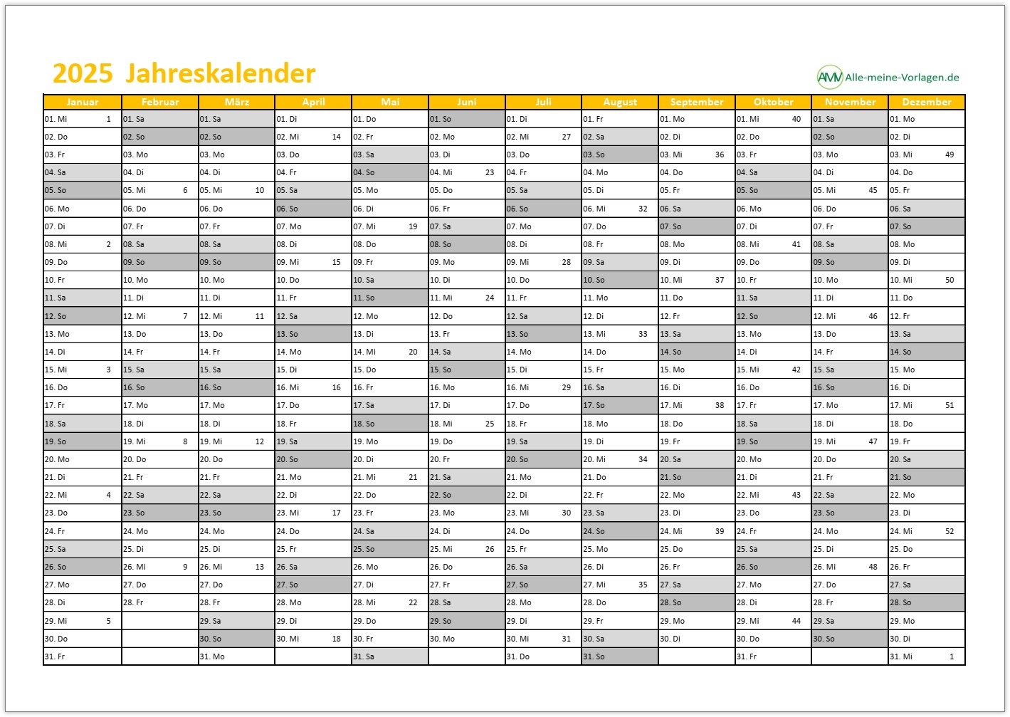 Kalender 2025 Als Excel Vorlage Und PDF Alle meine Vorlagen de